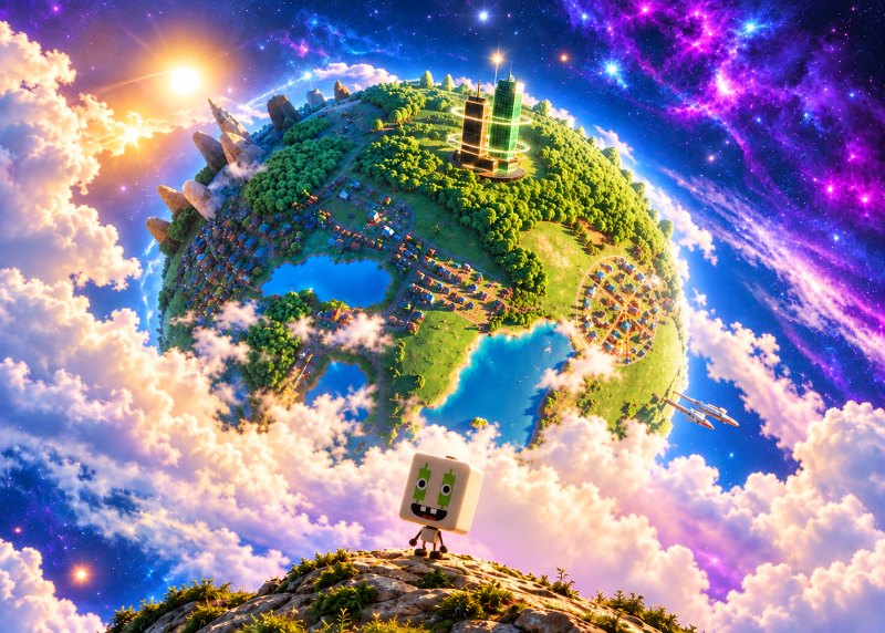 Learnovate Galaxy : Learny sur un rocher au-dessus des nuages, face à une planète verte où se dresse la tour Learnovate