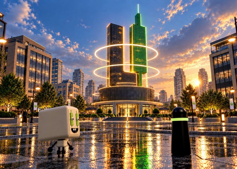 Learnovate World : Learny sur une place de la ville 3D, devant une tour aux couleurs de Learnovate au coucher du soleil